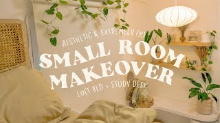 aesthetic and extremely  small room makeover 🍃 • a 4sqm bedroom with loft bed  desk decor [upl. by Nylssej]