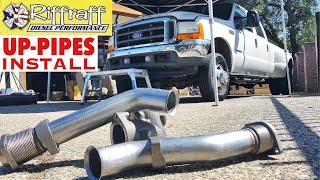 2001 F350 73  RiffRaff UpPipes Install  Stock up pipes leaking and falling apart JUNK SP [upl. by Eidnalem916]