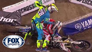 Riders fight after crash at Supercross event  FOX SPORTS [upl. by Weil573]